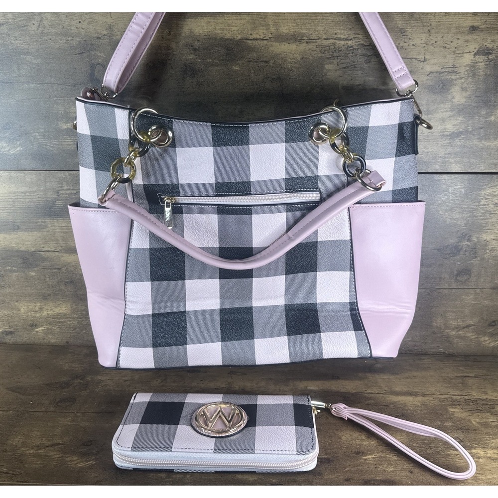 MKF Collection Bonita Pink Checker Tote Bag & Wallet Set Vegan Leather Bag Combo